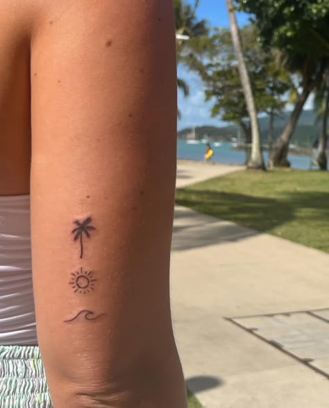 Beach Tiny Tattoo, Florida Vacation Tattoo Ideas, Wave Tattoo Back Of Arm, Tenerife Tattoo Ideas, Lanzarote Tattoo, Barbados Tattoo, Tiny Palm Tree Tattoo, Tenerife Tattoo, Coconut Tattoo