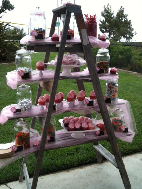 Ladder Candy Bar Dessert Ladder, Ladder Cupcake Display, Dessert Ladder Wedding, Grad Party Ladder Display, Ladder Seating Chart, Candy Buffet Bar, Ladder Display, Graduation Open Houses, Winter Wonderland Theme