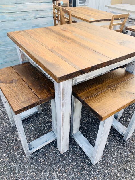 Counter Height Rustic Farmhouse Table with Stools, High Top table with Tall Seating Provincial Top and White Distressed Base, Dining Set Rustic Kitchen Table, Table With Stools, High Top Table, Top Kitchen Table, Farmhouse Table Setting, Rustic Kitchen Tables, Wooden Kitchen Table, Kitchen Table Makeover, Kitchen Bar Table