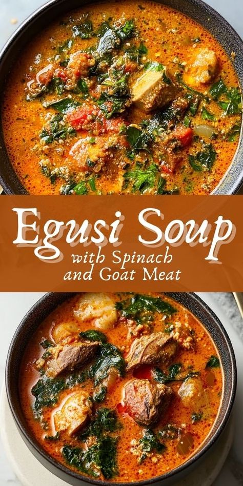 Discover the rich, savory flavors of Egusi Soup with Spinach and Goat Meat, a traditional West African dish full of texture and taste! This hearty soup is made with ground melon seeds, tender goat meat, and fresh spinach, creating a delicious, comforting meal perfect for any occasion. 🌍🍽️ Click for the recipe and Pin it to bring new flavors to your table! #EgusiSoup #WestAfricanFood #GoatMeatRecipes #AfricanCuisine #ComfortFood #HealthyEating #SpinachRecipes #TraditionalRecipes African Goat Stew Recipe, Ground Meat Soup, Goat Stew Recipe, Egusi Soup Recipes, Egusi Soup, African Stew, Soup With Spinach, Beans Soup, Melon Seeds