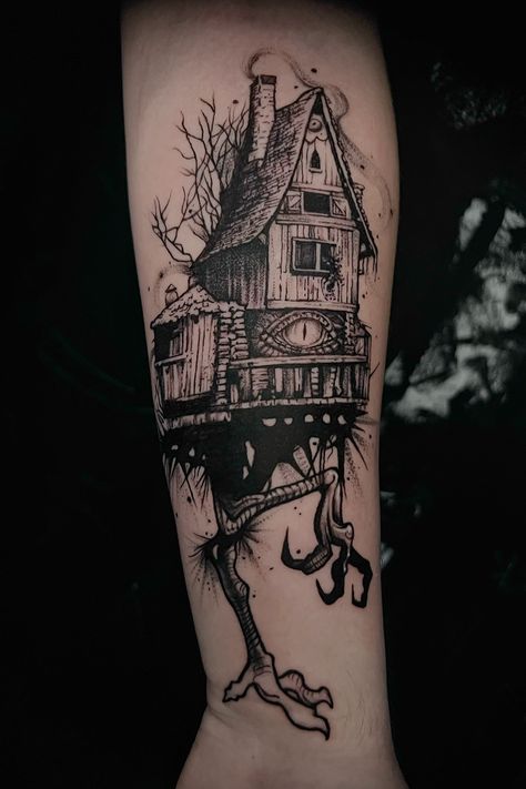 Baba yaga dark art tattoo done at Tattoo shop: https://inkperium.ro/ Baba Yaga Tattoo, Baba Yaga House, Baba Jaga, Framed Tattoo, Vegan Tattoo, Witch Tattoo, Dark Art Tattoo, Baba Yaga, Home Tattoo