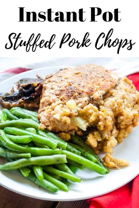 Instant Pot Stuffed Pork Chops, fork-tender loin chops, soft savory cornbread stuffing, and sliced mushrooms make this a meal to remember!  #porkchoprecipe #instantpotporkchoprecipe #instantpotrecipe #stuffedporkchoprecipe #stuffedporkchoprecipeinstantpot Instant Pot Stuffed Pork Chops Boneless, Savory Cornbread, Stuffed Pork Chops, Instant Pot Pork Chops, Tender Pork Chops, Cooking Pork Chops, Cornbread Stuffing, Stuffed Pork, Loin Chops