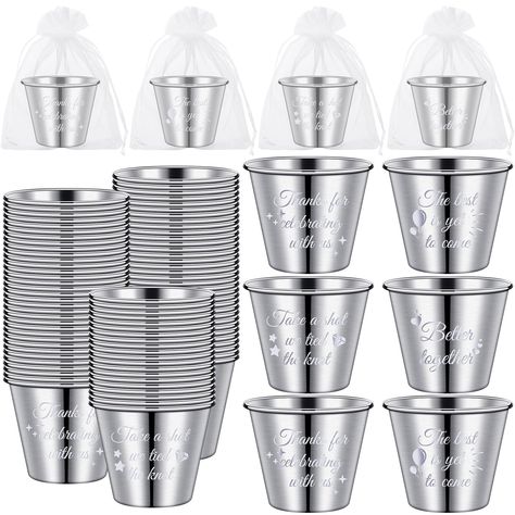 PRICES MAY VARY. Wedding Gifts Favors Combination Set: you will receive 100 pieces of stainless steel shot glasses cups in 4 styles, 25 pieces of metal shot glasses for each style, and 100 pieces of white organza bags, and each of the wedding shot glasses cups bulk has a capacity of approx. 1.5 oz/ 45 ml; The exquisite set can meet your wedding banquet or gift needs Reliable Material: wedding guest gifts bulk are made of quality stainless steel, and the funny shot glasses cups have folded rims t Wedding Shot Glasses Groomsmen, Cricut Wedding Shot Glasses, Vegas Wedding Shot Glasses, Wedding Favor Beer Glass, Wedding Party Favors Shot Glass, Wedding Favor Mug Wall, Useful Wedding Favors For Guests, Useful Wedding Favors, Wedding Favours Shots