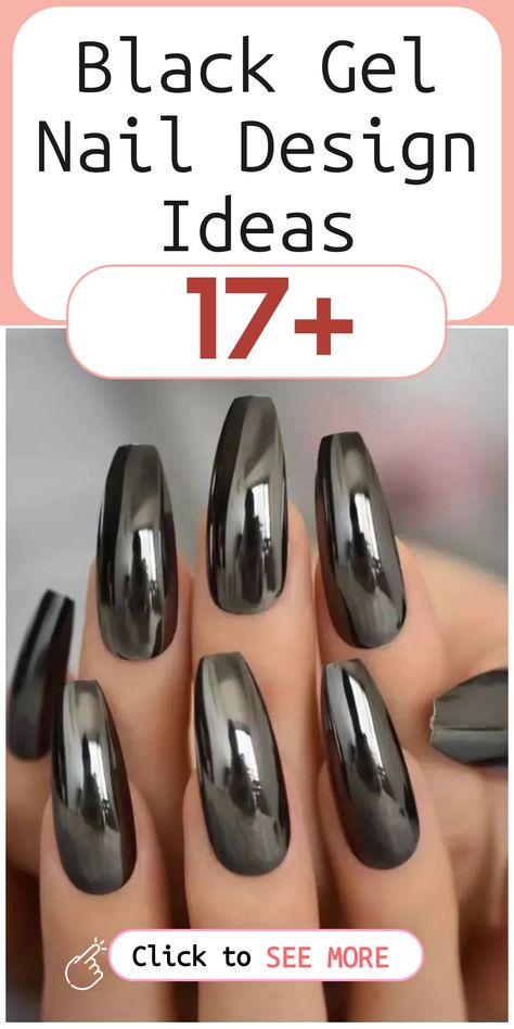 Discover a new level of sophistication with these stunning black gel nail designs. Embrace chic styles such as matte black paired with metallic touches, glossy black adorned with shimmering rhinestones, or intricate lace patterns for a bold statement look. Let your nails speak volumes this season as they embody elegance and mystery. Elevate your manicure game like never before! Black Gel Nail Designs, Metallic Black Nails, Black Ombre Nails, Black Gel Nails, Black Stiletto Nails, Silver Glitter Nails, Holo Nails, Matte Black Nails, Minimalist Nail Art