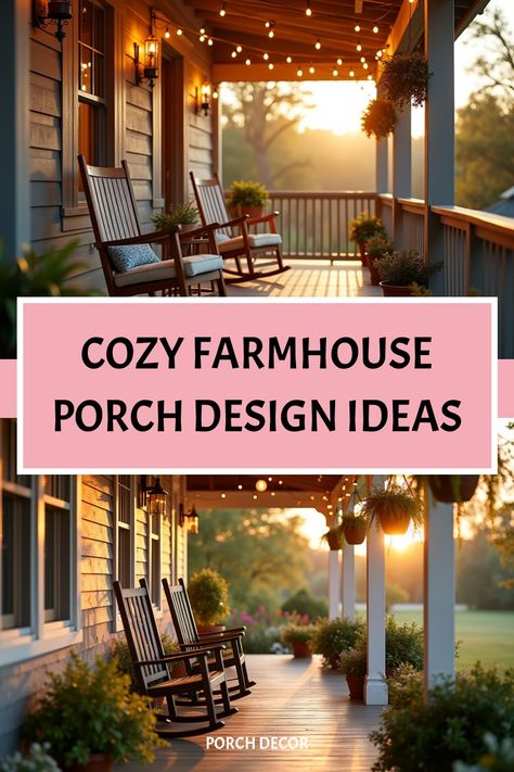 Warm golden hour lighting on farmhouse front porch Rustic Front Porch Ideas Entrance, Rustic Farmhouse Porch Decor, Wrap Around Porch Ideas Decor, Farmhouse Back Patio, Covered Porch Ideas Decorating, Rustic Front Porch Ideas, Farmhouse Porch Design, Front Porch Swings, Wrap Around Porch Ideas