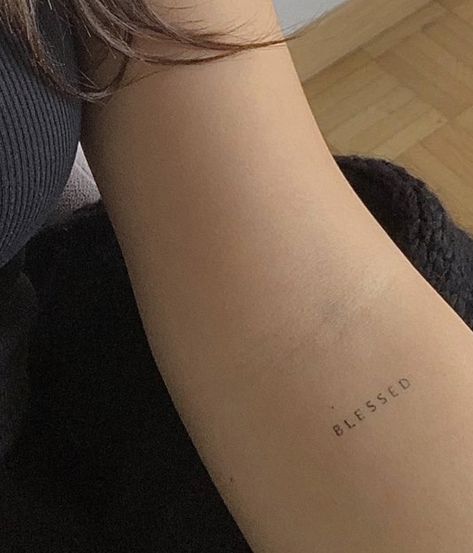 Fine Line Tattoo Christian, Blessed Tattoo For Women, Blessing Tattoo, Bliss Tattoo, Blessed Tattoo Ideas, Blessed Tattoo, Blessed Tattoos, Secret Tattoo, Cross Tattoos For Women