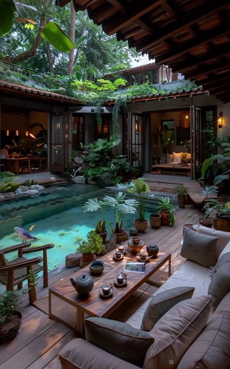 Jungle Bungalow, Jungle Hotel, Jungle House, Casas Coloniales, Dream House Interior, Design Your Dream House, Dream House Exterior, Sims House, Back Patio