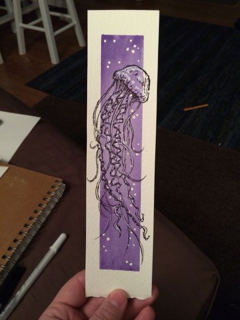 Drawn Bookmark Ideas, Bookmark Designs Drawing, Bookmark Ideas Simple, Jellyfish Bookmark, Octopus Bookmark, Bookmarks Handmade Watercolor, Handmade Bookmark Ideas, Aesthetic Art Quotes, Bookmark Inspiration