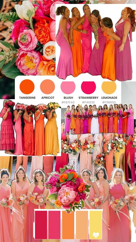 Bridesmaid Dress Color Schemes, Bridesmaid Color Scheme, Pink Purple Wedding, Orange Wedding Themes, Orange And Pink Wedding, Wedding Theme Color Schemes, Bride Shower, Bridesmaid Colors, Boda Mexicana