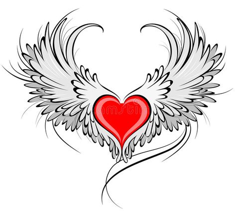 Red heart of an angel. Artistically painted red heart with angel wings gray, decorated with black smooth contour stock illustration Angel Tats, Wing Quotes, Heart Pentagram, Facebook Cover Images Wallpapers, Heart With Angel Wings, Heart With Wings Tattoo, Master Drawings, Tattoo Coverup, Facebook Cover Photos Love