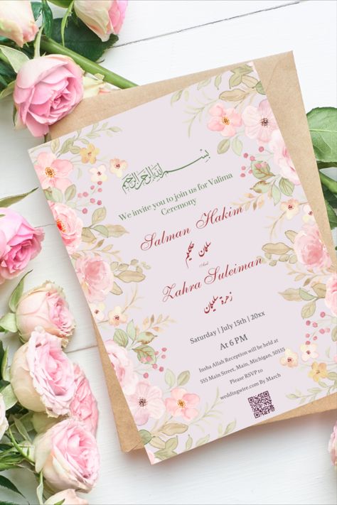 Personalized Light Pink Floral Nikkah Digital Muslim Wedding Invitation Card, Islamic Wedding Invite, E-vite Card + QR code Muslim Wedding Card Design Unique, Simple Wedding Invitation Card, Muslim Wedding Cards, Muslim Wedding Invitations, Card Inspo, Frame Ideas, Islamic Wedding, Wedding Invitation Card, Simple Wedding Invitations