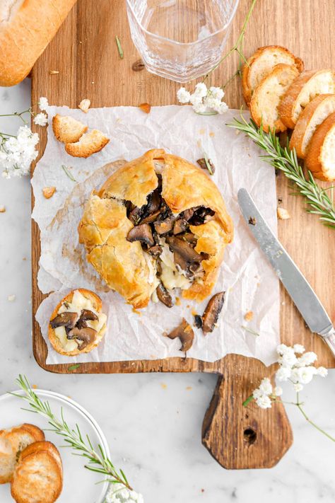 Puff Pastry Wrapped Baked Brie with Mushrooms Rosemary and Garlic Appetizer Puff Pastry, Brie In Puff Pastry, Bakers Table, Garlic Roasted Potatoes, Holiday Appetizer, Frozen Puff Pastry, Recipes Appetizers And Snacks, Baked Brie, Pastry Sheets