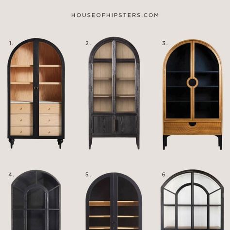 Arched cabinets with glass doors and spacious storage. Arched Bookshelf With Doors, Ikea Arched Cabinet, Arch Cabinet Living Room, Arch Bookshelf, Buffet Built In, Arched Cabinets, Arched Cabinet, Cabinets With Glass Doors, Hutch Cabinet