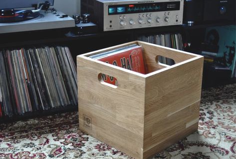 These wooden vinyl storage cubes can be stacked into shelves or carried - The Vinyl Factory Vinyl Record Furniture, Vinyl Record Box, Record Player Console, Record Box, Pallet Tv Stands, Record Boxes, Lp Storage, Box Van, Tv Storage