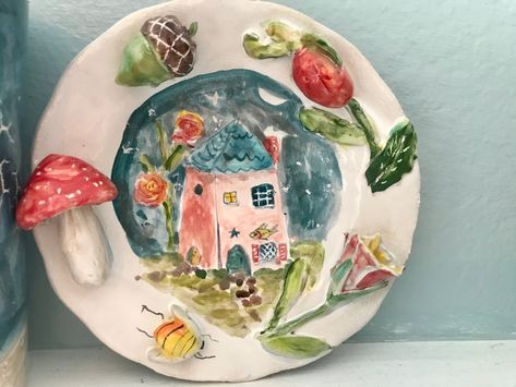 Plate 5” in diameter With raised mushroom, flowers and other nature things on rim Porcelain Jelly Bunny, Mushroom Crafts, Hand Built Pottery, Porcelain Pottery, Ceramics Pottery Art, Ceramic Kitchen, Ceramics Ideas Pottery, Pottery Painting, Ceramic Artists