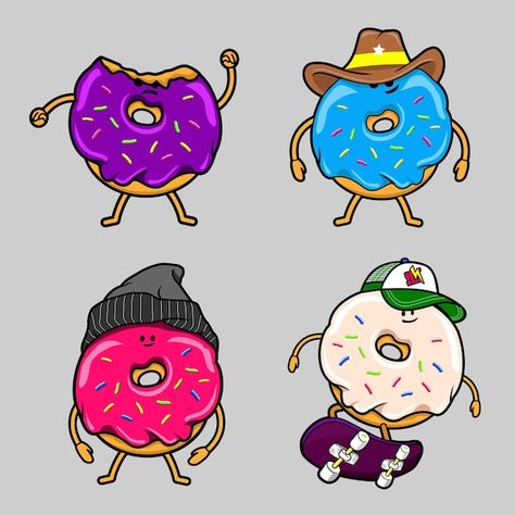 Illustration of a collection of donuts c... | Premium Vector #Freepik #vector #doughnut #dessert #glaze #cake-cartoon Donut Character, Restaurant Menu Card, Hot Dog Restaurants, Donut Cartoon, Donut Art, Donut Vector, Notebook Doodles, Free Vector Illustration, Different Poses