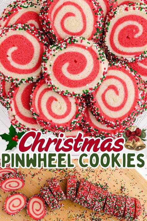 Christmas Pinwheel Cookies are vibrant, swirled treats that bring extra cheer to holiday cookie boxes. Quick to chill and bake, they’re perfect for gifting to friends and neighbors or sharing at a cookie exchange. #christmascookies #holidaybaking #cookieexchange Pin Wheel Sugar Cookies Christmas, Christmas Pin Wheel Cookies, Swirl Sugar Cookies Pinwheels, Ribbon Cookies Christmas, Holiday Pinwheel Cookies, Swirled Christmas Cookies, Spiral Cookies Christmas, Swirl Cookies Recipe, Swirl Christmas Cookies