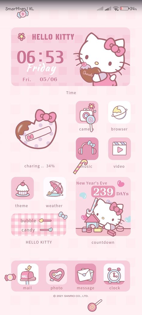 Hello Kitty Candy Wallpaper, Ipad Themes, Mobile Theme, Hello Kitty Theme, Pink Clocks, Kitty Theme, Iphone Layouts, Ios Aesthetic, Phone Customization