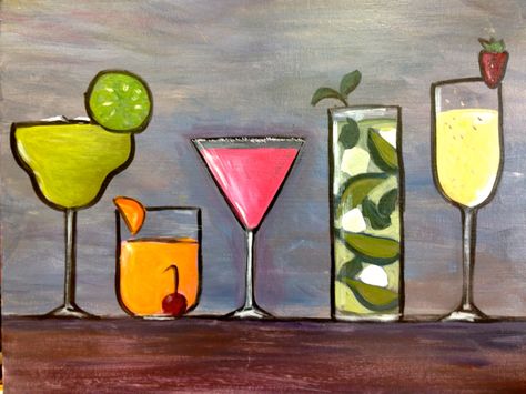 Drinks Canvas Painting, Happy Hour Painting, Cocktail Painting Acrylic Easy, Wine Painting Ideas On Canvas, Simple Paint And Sip Ideas, Drink Painting Canvases, Paintings Of Cocktails, Wine And Paint Night Ideas, Cocktail Painting Easy