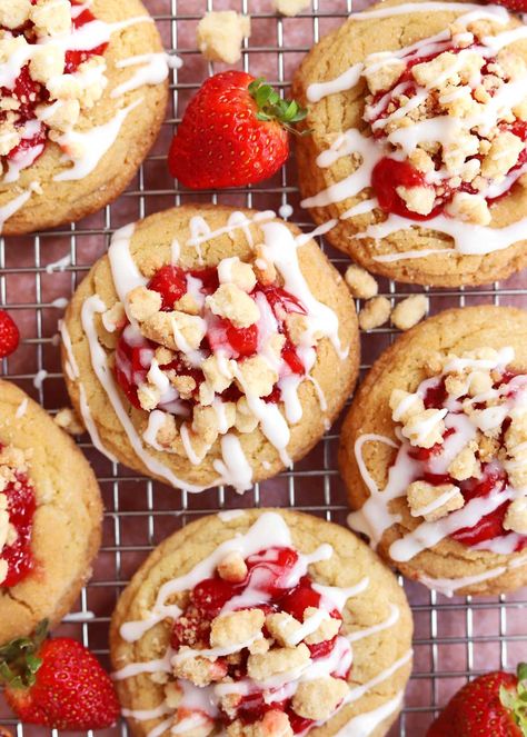 Strawberry Shortcake Cookies - Scientifically Sweet Strawberry Shortcake Cookies Crumbl, Crumbl Strawberry Shortcake Cookies, Strawberry Shortcake Sugar Cookies, Strawberry Shortcake Cookies Recipe, Strawberry Jam Cookies, Cottage Baking, Lasagna Bake, Strawberry Cheesecake Cookies, Chunky Cookies