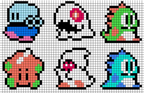 As the first entry I'm posting this pattern with six Bubble Bobble characters. The sprites I took from the Shyguy Kingdom. It's made for easy printing so that even kids could use it for their perle... Bubble Bobble, Beaded Patterns, Bubble Bubble, 8bit Art, Hama Beads Design, Hama Beads Patterns, Pixel Pattern, Pixel Art Pattern, Up Book