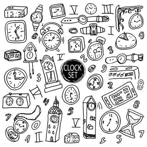 Doodle watch clock icons hand drawn time Vector Image Cute History Doodles, Simple Clock Drawing, Cute Clock Drawing, Time Drawing Clock, Time Art Clock, Alarm Drawing, Clock Drawing Simple, Stopwatch Illustration, Doodle Watch