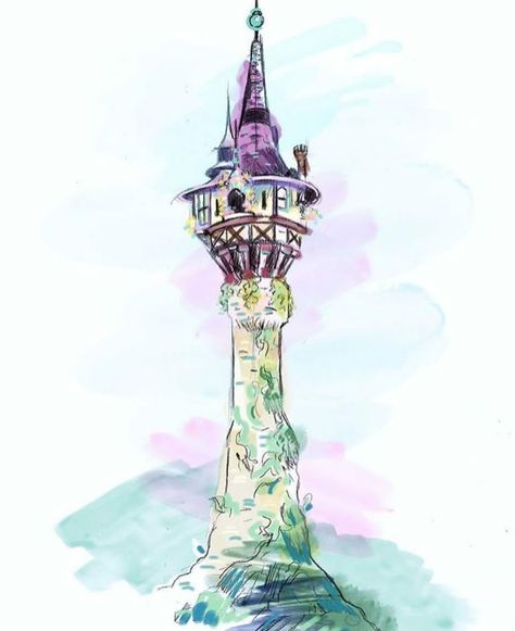 Rapunzel's Tower Drawing, Repunzal Tangled Aesthetic Drawing, Rapunzel Tower Tattoo, Rapunzel Castle Drawing, Rapunzel Tower Painting, Tangled Tower Drawing, Rapunzel Tower Drawing, Tangled Watercolor, Rapunzel Watercolor