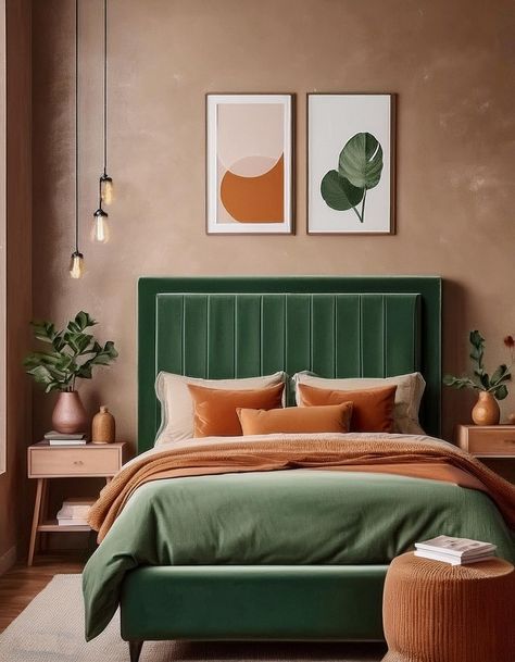 Emerald Green Bed Frame with Natural Terracotta Headboard Green Bed Frame Room, Green Velvet Bed Bedroom Ideas, Dark Green Orange Bedroom, Emerald Green Headboard Bedroom Ideas, Emerald Green Bed Frame, Terracotta Headboard, Dark Green Velvet Bed, Dark Green Bed Frame, Bottle Green Bedroom