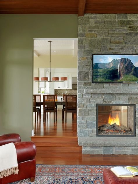 Double-sided fireplace - Fine Homebuilding Fireplace Between Living And Dining, Rv Fireplace, Side Fireplace, Double Sided Gas Fireplace, Fireplace Feature, Tahoe House, Country Fireplace, Craftsman Fireplace, Suite Bedroom