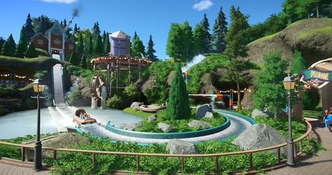 Planet Coaster 2 Inspiration, Planet Coaster Ideas, Theme Park Tycoon 2 Ideas, Theme Park Entrance, Theme Park Tycoon, Coaster Inspiration, Theme Park Design, Theme Park Planning, Theme Park Map