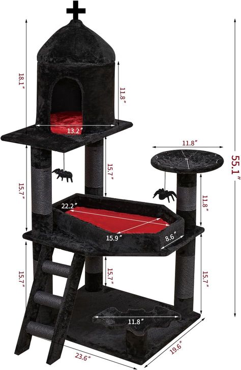 Gothic Cat Tree with Coffin Bed，55" Cat Tower with Spacious Cat Condo，Scratching Posts，Spider Hanging Ball，Multi-Level Cat Activities Furniture for Large Cats, Coffin Bed, Cat Activities, Unique Cat Trees, Cat Castle, Niche Chat, Diy Cat Tree, Cat Towers, Cat Activity, Goth Home