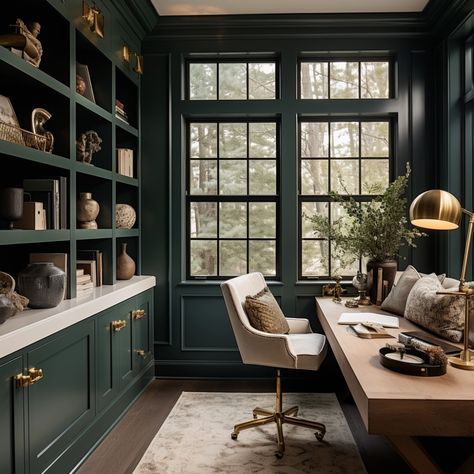 Best Moody Paint Colors of 2024 Green Paint Colors For Office, Moody Green Study, Moody Blue Office Paint Colors, Moody Office Color Scheme, Moody Green Library, Green Library Room Paint Colors, Green Color Drenched Office, Green Office Paint Colors, Purple And Green Office