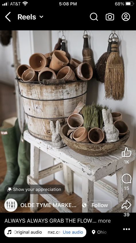 Old Potting Shed, The Found Cottage Mercantile Market, Old Farm Tools Decor Rustic, Grandma Core Aesthetic, Antique Farm Equipment Landscape, Antique Farm Tools, Grandma Core, Potting Benches, Flea Market Gardening