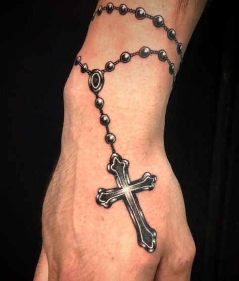 Religious Hand Tattoos For Guys, Rosary Tattoo For Men Arm, Religious Hand Tattoo, Rosery Tattoos Hand, Rosery Beads Tattoo, Rosary Hand Tattoo, Back Hand Tattoo, Loving Tattoos, Rosary Tattoo On Hand