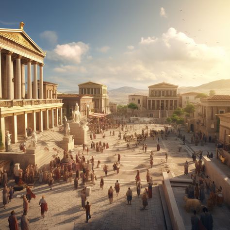 Wide shot of an ancient Greek city, capturing the essence of the era's architecture and ambiance. The camera pans slowly through the bustling streets, immersing the audience in the historical setting. Ancient Greeks Aesthetic, Ancient Temples Concept Art, Greek Civilization Architecture, Ancient Greece Concept Art, Ampitheater Greek, Ancient Greek City Fantasy Art, Ancient Greece Buildings, Futuristic Ancient Greece, Greek Mythology Buildings