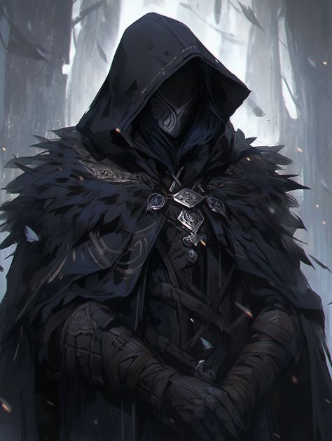 Cloaked Masked Character, Dnd Hooded Man, Hooded Knight Fantasy Art, Shader Kai Dnd, Armor With Cloak, Cloaked Figure Fantasy Art, Male Assassin Art, Dark Knight Dnd, Cloaked Man Art