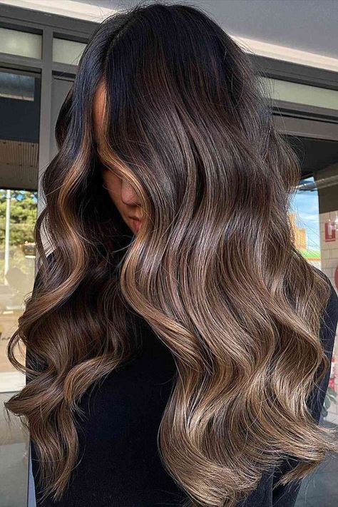 Smokey Caramel Brown Balayage Ombre with Soft Waves for Long Black Locks Balayage For Dark Black Hair, Black Hair Balayage Straight, Balayage Hair On Black Hair, Caramel Balayage Ombre, Hair Balayage Straight, Black To Brown Ombre Hair, Brown Balayage On Black Hair, Long Choppy Hair, Balayage On Black Hair