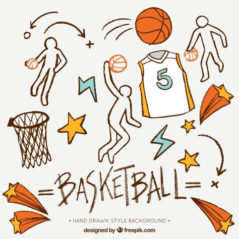 Hand-drawn background with decorative basketball elements Free Vector Basketball Projects For School, Basketball Doodle Art, Basketball Drawings Sketches, Sports Doodles, Doodle Basketball, Basketball Sketch, Basketball Doodle, Basketball Project, Sports Elements