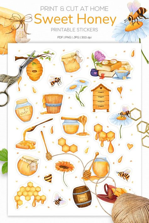 Bees and honey stickers sheet is a digital instant download of a fun honey decor stickers collection. The printable stickers sheet is hand-drawn and ready for print. There are 31 unique digital clipart elements on each sticker sheet. All files are sRGB and 300 dpi for clean, crisp high-resolution images ready to print. #stickers #honey #bee #yellow #kidscrafts #fooddrink #orange #beestickers #honeystickers #springstickers #plannerstickers #printablestickers Printable Stickers Sheet, Bees And Honey, Honey Decor, Honey Art, Printable Sticker Sheets, Stickers Collection, Stickers Sheet, Bee Sticker, Decor Stickers