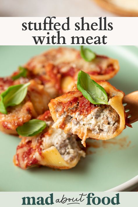 Ricotta Beef Stuffed Shells Gratin, Stuffed Shells Filling, Stuffed Shells With Meat, Shell Pasta Recipes, Stuffed Shells Recipe, Stuffed Pasta Shells, Beef Recipes For Dinner, Ultimate Comfort Food, Stuffed Shells