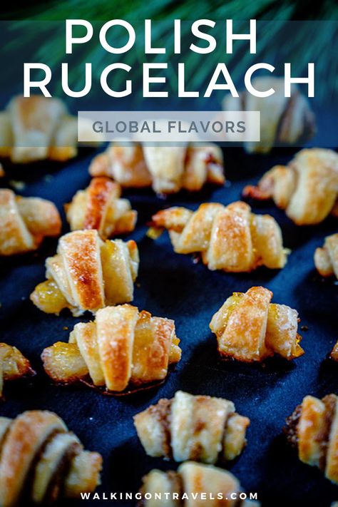 Make this traditional Rugelach recipe at home to bring a taste of Poland to your table. Part pastry, part cookie, this sweet dessert is our favorite during the holidays and at breakfast. While the pastry dough is basic, you add flavorful fillings like chocolate, raspberry jam, apricot jam, cherry jam, apple butter, a walnut cinnamon spread, or honey, brown sugar and walnut, Nutella, fig, pumpkin, poppyseed or even a savory spinach and cheese filling. #recipes #europe #rugelach Chocolate Raspberry Jam, Cinnamon Spread, Rugelach Cookies, Rugelach Recipe, Mixture Recipe, Cherry Jam, Holiday Foods, Apricot Jam, Favorite Appetizers