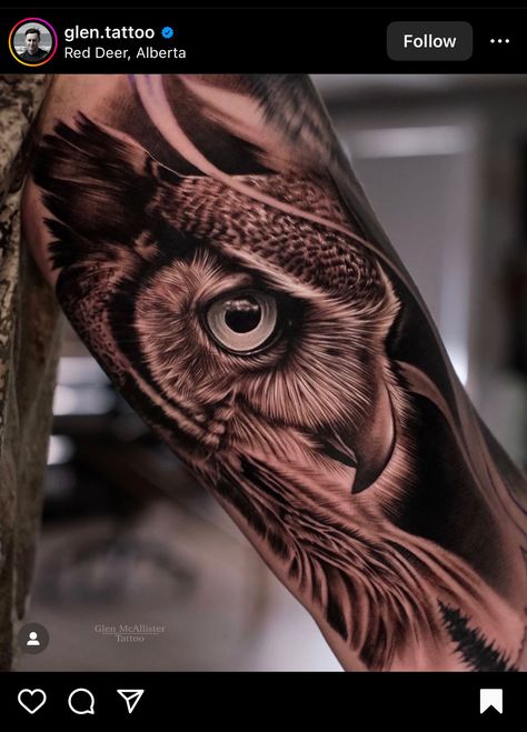 Owl Arm Tattoo, Owl Tattoo Men, Owl Eye Tattoo, Owl Tattoo Sleeve, Realistic Tattoo Sleeve, Clever Tattoos, Owl Tattoo Design, Half Sleeve Tattoos For Guys, Up Tattoo