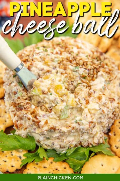 Pineapple Cheese Ball - Plain Chicken Hawaiian Cheese Ball Recipe, Appetizer Cream Cheese, Pineapple Cheeseball Recipes, Pineapple Cheese Ball, Cream Cheese Balls Recipe, Cheese Log Recipes, Pineapple Cheese, Cheese Ball Recipes Easy, Cream Cheese Ball