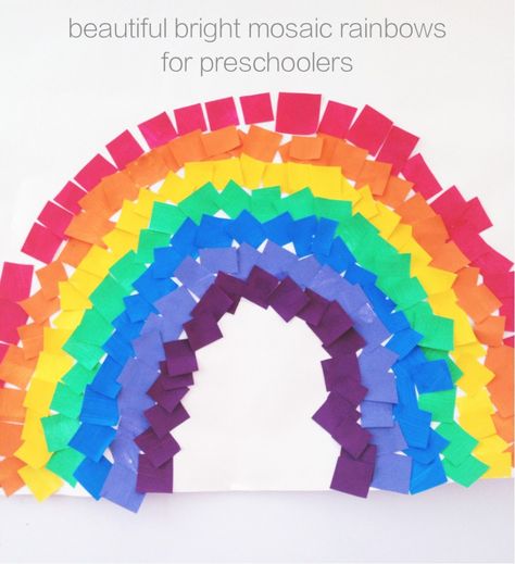 Colourful mosaic rainbows | Weather crafts | weather art activities | mosaic for preschoolers | Daisies & Pie Rainbow Crafts Preschool, Preschool Weather, Rainbow Project, Weather Crafts, Rainbow Craft, Rainbow Activities, Spring Crafts For Kids, Rainbow Crafts, St Patrick's Day Crafts