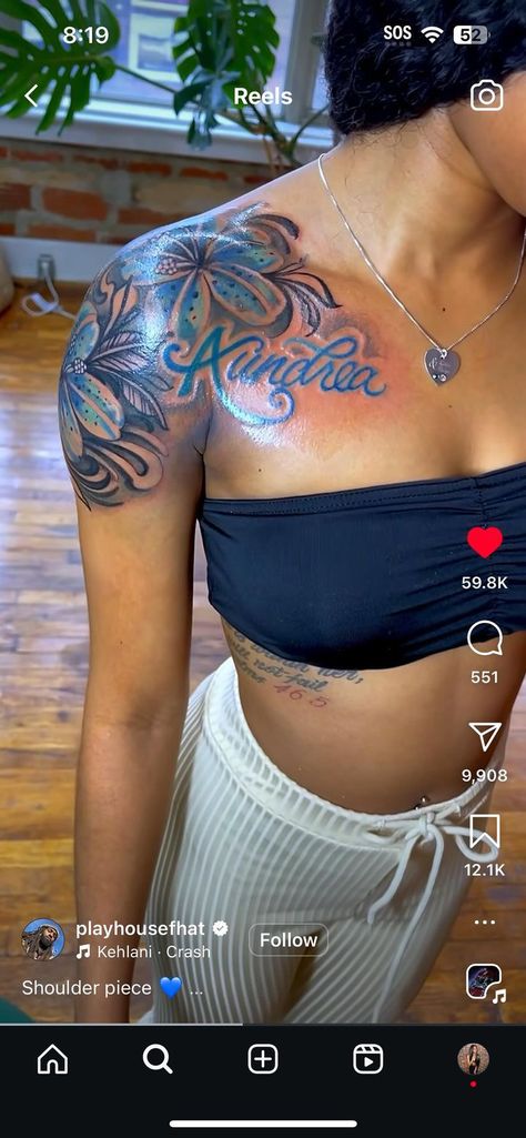 Stomach Tattoo Black Women, Blue Ink Tattoos Black Women, Haitian Flag Tattoo, Tattoo Ideas Female Dark Skin, Tattoos On Black People, Blue Tattoo On Brown Skin, Colored Tattoos On Brown Skin, Tattoo On Brown Skin, Tattoo On Dark Skin