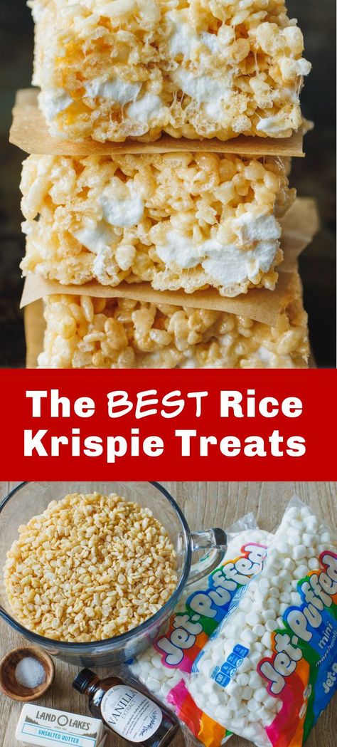 Thick and gooey Rice Krispie Treats are a classic no-bake dessert filled with sweet buttery marshmallows and crispy rice cereal crunch. A family-favorite recipe! Gooey Rice Krispie Treats, The Best Rice Krispie Treats, Best Rice Krispie Treats, Rice Crispies Recipe, Rice Crispy Squares, Buttery Rice, Rice Krispie Treats Recipe, Rice Krispie Squares, The Best Rice