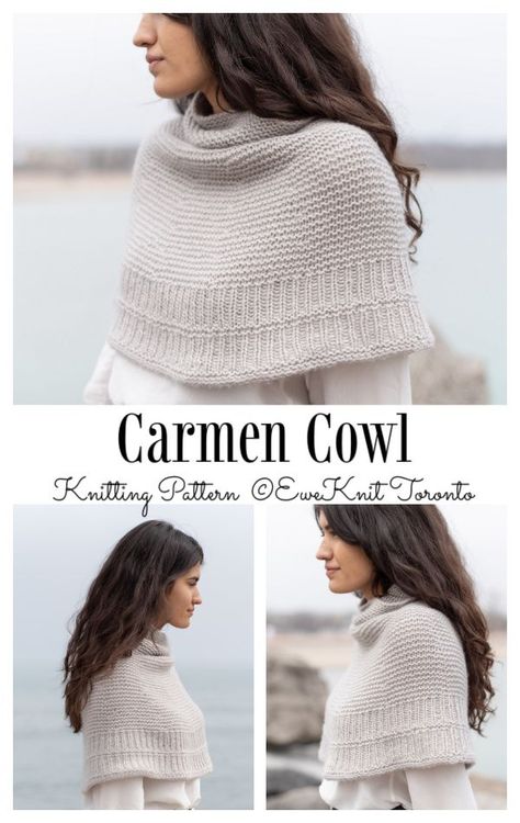 Carmen Cowl Knitting Pattern Free by 12/15/2022 - Knitting Pattern Knitted Wraps Free Patterns, Cap Design Ideas, Capelet Knitting Pattern, Knitted Cape Pattern, Crochet Caplet, Knit Scarfs, Shrug Knitting Pattern, Knitted Capelet, Knit Cowl Pattern Free