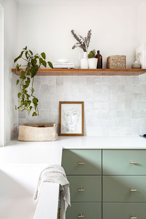 Berkeley Vale Cottage by AMA Studio Interiors Sage Kitchen, Kitchen Splashback Tiles, Green Tiles, Sage Green Kitchen, Splashback Tiles, Interior Wall Decor, 3d Light, Kitchen Splashback, Zellige Tile