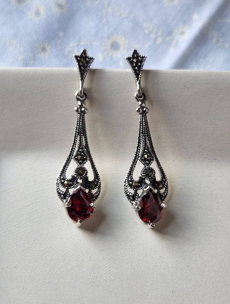 Victorian Dangle Earrings Sterling Silver Marcasite Red Glass 925 Romantic Gothic Dark Academia Speakeasy Filigree Earrings - Etsy Gothic Dark Academia, Perfume Jewelry, Gothic Earrings, Sterling Silver Marcasite, Red Jewelry, Filigree Earrings, Funky Jewelry, Jewelry Lookbook, Dessin Adorable