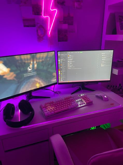 Minecraft Gaming Setup, Gaming Set Up Aesthetic, Up Aesthetic, Gaming Desk Setup, Best Gaming Setup, Setup Gamer, Gamer Setup, Led Lighting Bedroom, Gamer Room Decor